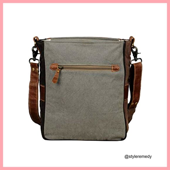 Canvas Shoulder Bag with Leather Strap, Western Geometric...
